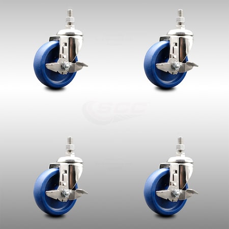 Service Caster 4 Inch 316SS Solid Polyurethane Swivel 12mm Threaded Stem Caster Set Brake SCC-SS316TS20S414-SPUS-TLB-M1215-4